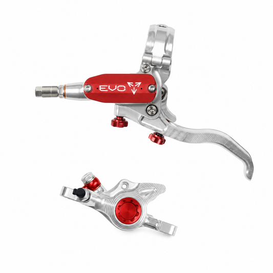 Frein HOPE TECH 4 EVO X2 PM Argent/Rouge — levier et étrier sur fond blanc