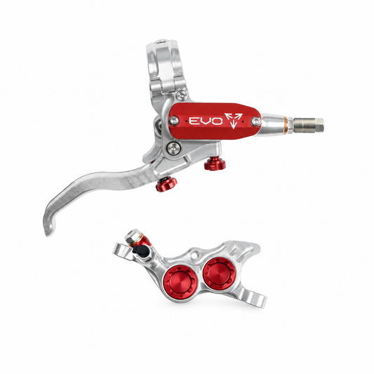 Frein HOPE TECH 4 EVO TR4 Argent/Rouge — levier et étrier sur fond blanc