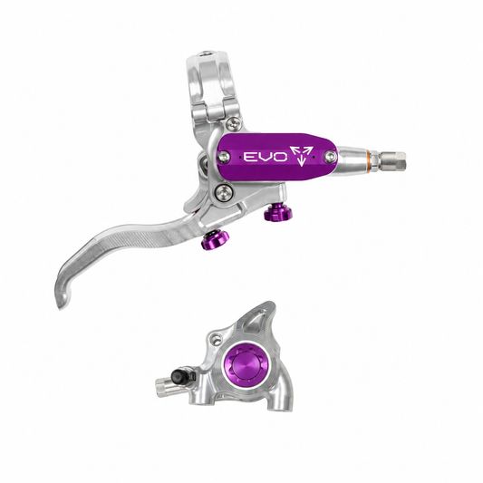 Frein HOPE TECH 4 EVO X2 FM Argent/Violet — levier et étrier sur fond blanc