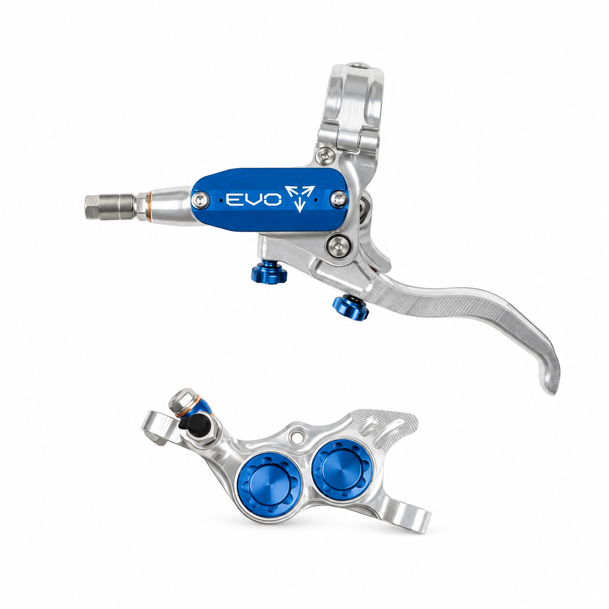 Frein HOPE TECH 4 EVO TR4 Argent/Bleu — levier et étrier sur fond blanc