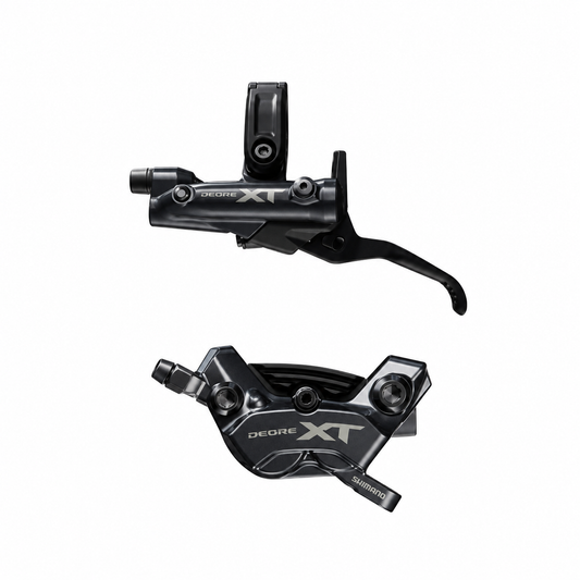 Frein SHIMANO XT M8220 Enduro 4 Pistons — levier et étrier sur fond blanc