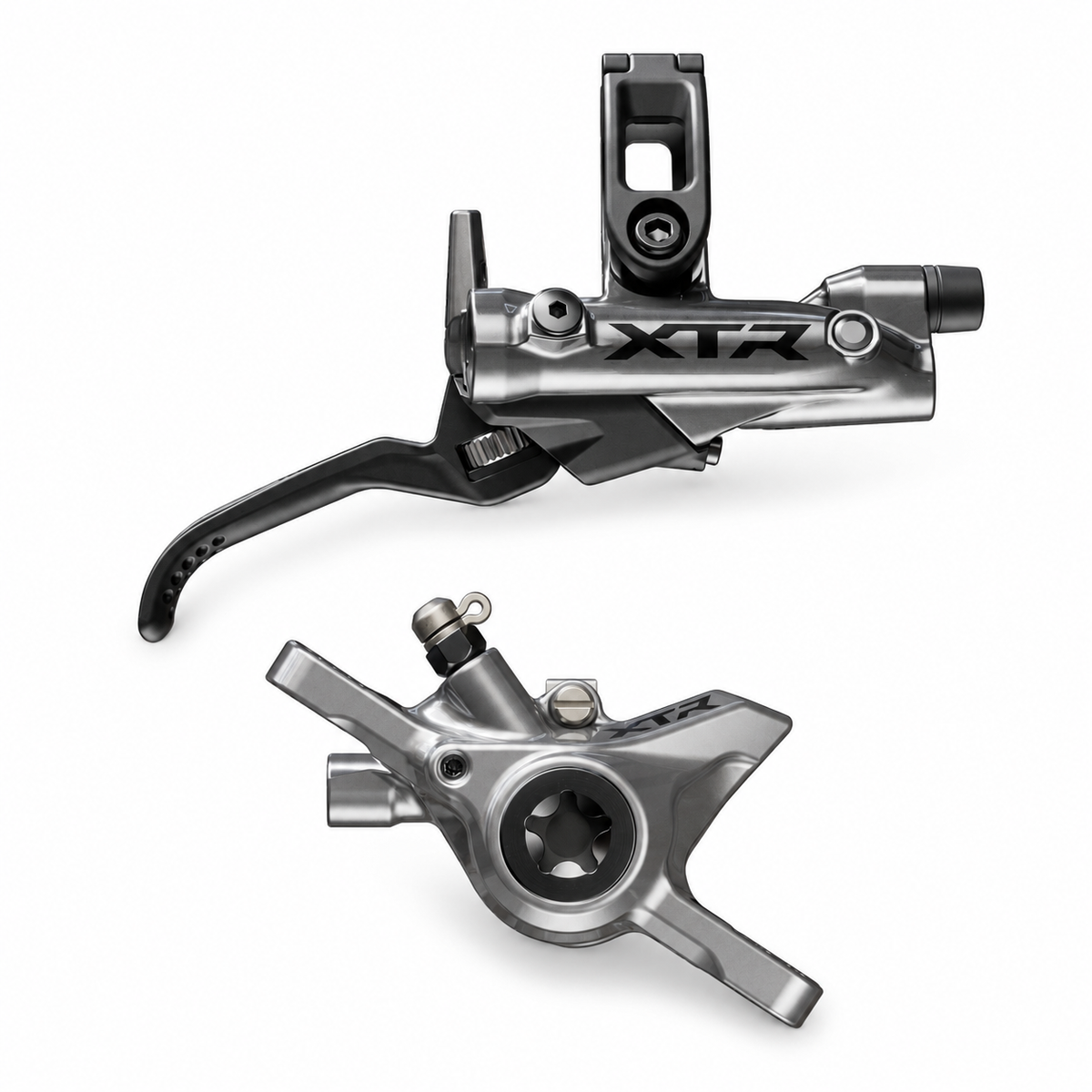 Frein SHIMANO XTR M9220/9200 XC/Trail 2 pistons — levier et étrier sur fond blanc