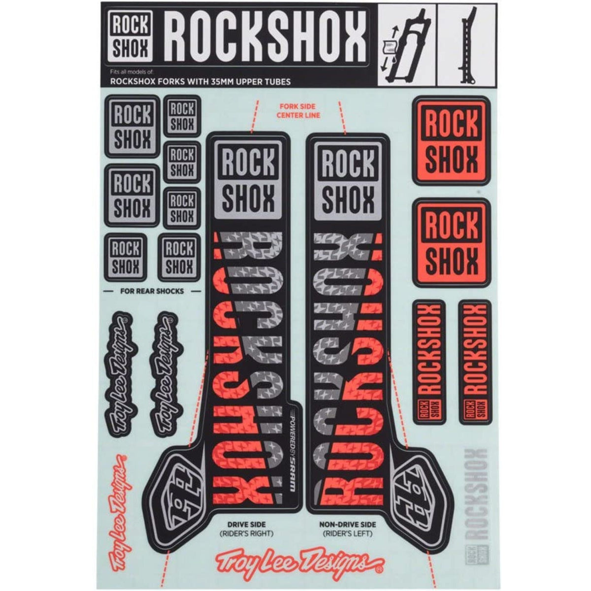 Kit Stickers de Fourche ROCKSHOX TROY LEE DESIGNS 35mm MY18 pour PIKE/LYRIK/YARI/DOMAIN/REVELATION Argent/Orange #00.4318.021.001